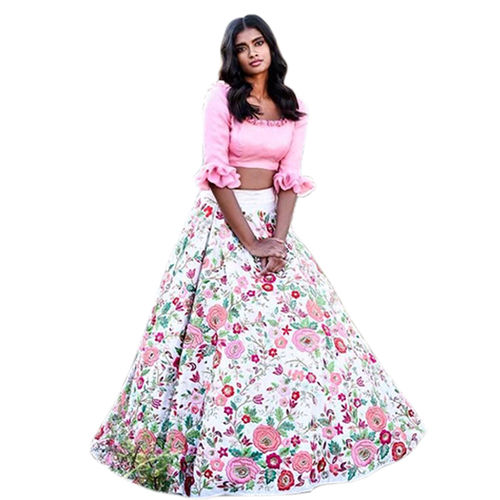 Semi Stitch Tafetta Silk Floral Digital Printed Baby Pink Lehnga With Net And Choli