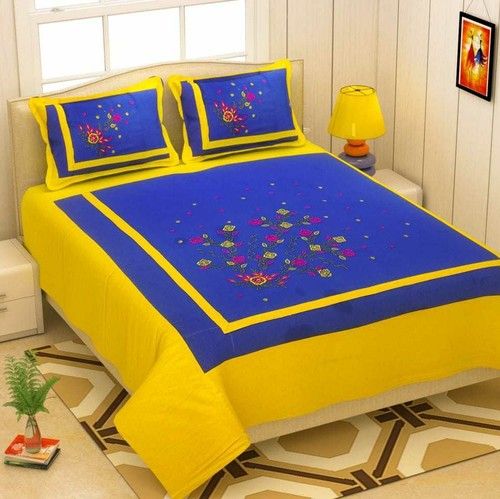 Blue Printed Double Bed Sheets With Pillow Cover 