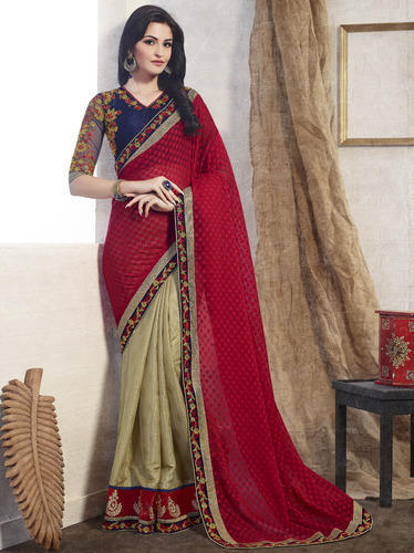 Net Multi Colored Embroidered Wedding Saree