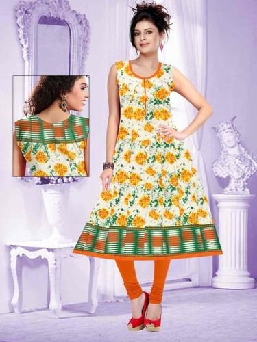 Multicolor Printed Sleeveless Cotton Kali Ghera Kurtis