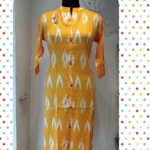 Yellow Mix Cotton Printed Ladies Kurtis