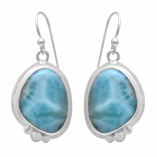 925 Sterling Silver Natural Larimar Cabochon Gemstone Designer Dangle Earrings Size: 36Mm