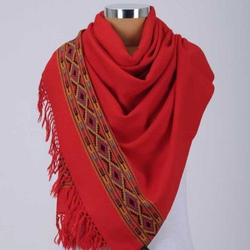 Machine Made Red Color Handloom Wool Scarf