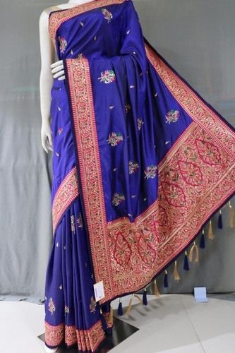 Printed Blue Silk Embroidered Sarees