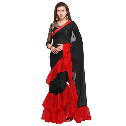 Faux Georgette Fancy Saree in Red and Black | Saree designs party wear,  Ruffle saree, Saree wearing styles