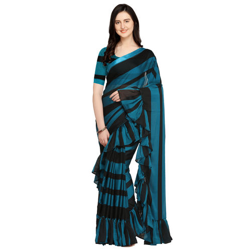 Buy Tikhi Imli Ready To Wear Black Ruffle Lycra Saree with Unstitched Blouse  online