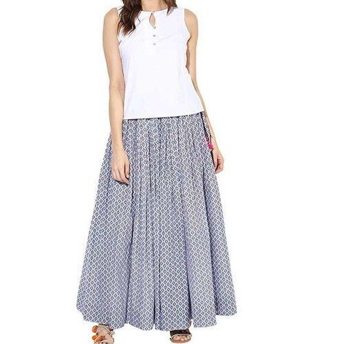 Blue Women Printed Long Skirt With Tassel