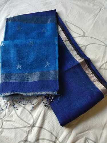 Printed Night Blue Handloom Silk Cotton Saree With Zari Border