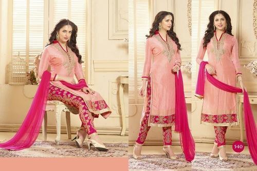 Chanderi Pink Designer Semi-stitched Suits