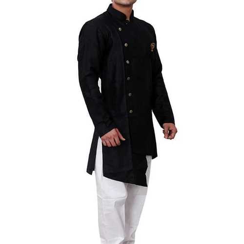 Black Mens Side Button Cotton Kurta