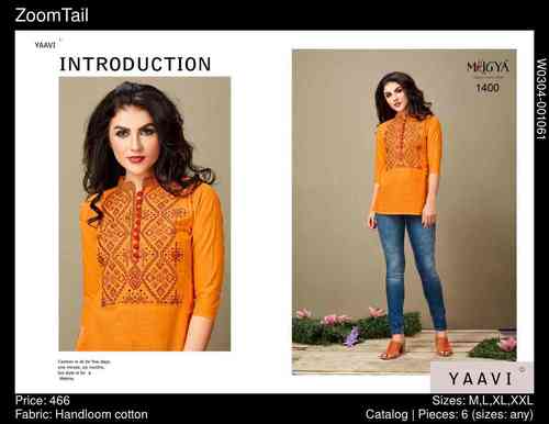 No Fade Orange Embroidered Cotton Kurti