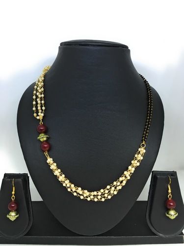 Black Beads And Pearls Mangalsutra Necklace With Hanging Earring Set Gender: Women