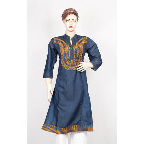 Washable Ladies Blue Embroidered Fancy Denim Kurtis