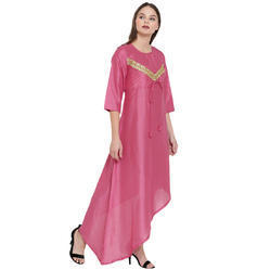 Pink Crepe Silk High Low Designer Kurti With Zari Lace