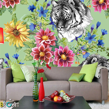 पशु और फूल मुद्रित वॉलपेपर