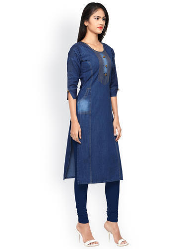 Blue Denim Round Neck Plain Kurti