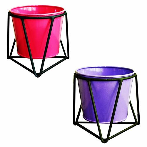 Pink & Purple Metal Iron Flower Pot Stand With Metal Bucket Planter