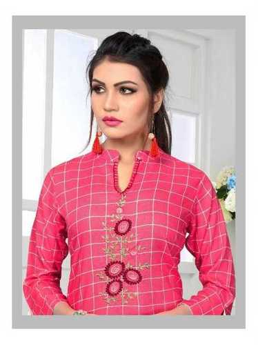 Baby Pink Rayon Printed And Embroidered Kurtis