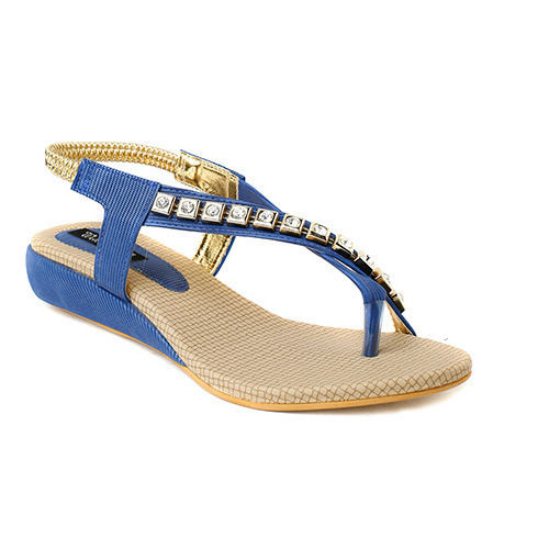 Gold With Blue Ladies Flat Designer Sandal