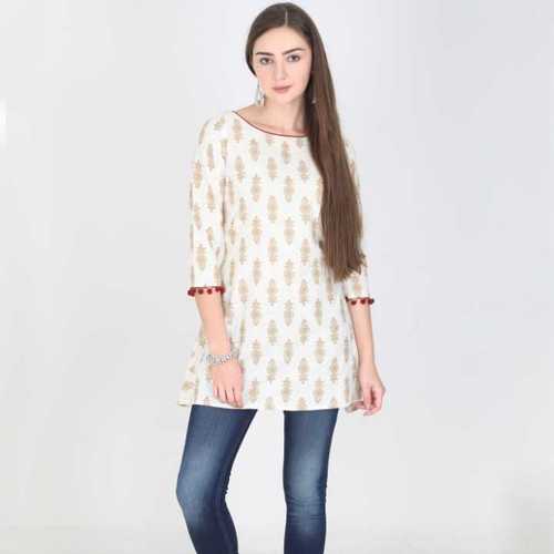 Breathable Off White Printed Ladies Kurtis