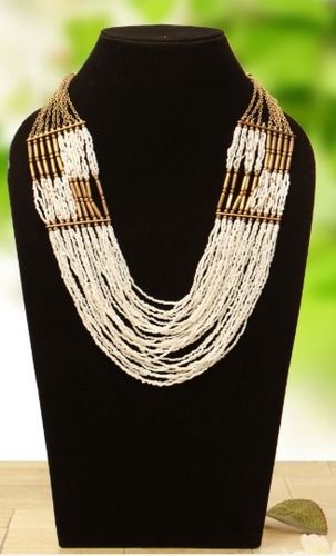 Handmade Artificial Necklace With Metal Thread And Beads -Golden And White Color Gender: Women