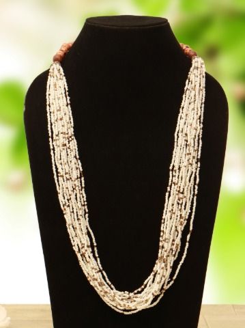 Handmade Artificial Necklace With Metal Thread And Beads - Golden And White Color