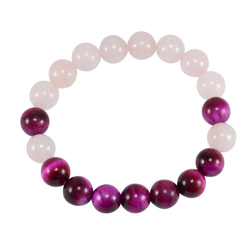 Fashion Round Beads Handmade Pink Tiger Eye And Rose Quartz Stretchable Healing Bracelet