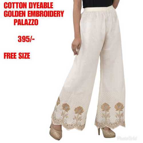 White Ladies Cotton Palazzo With Golden Embroidery