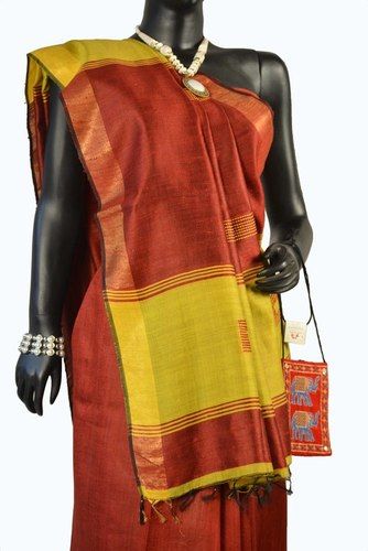 Plain Silk Handloom Bhagalpuri Maroon And Yellow Saree With Ari Work