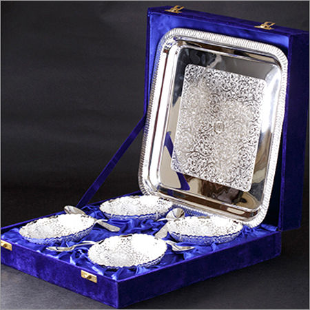 Silver Gift Items - Elegant Silver Finish, 4 Bowls, 4 Spoons, Serving Tray, Attractive Gift Box