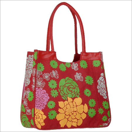 Jute Fancy Bags - Laminated Jute, 37x33x15 cm, Floral Printing, Soft PU Shoulder Handle, Inner Pocket, Magnetic Closure