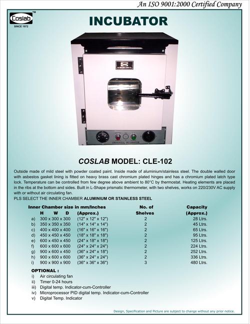 Laboratory Incubator - Mild Steel & Aluminium Construction, Digital Temperature Control, Lightweight Design, Perfect Finish, Two Shelves