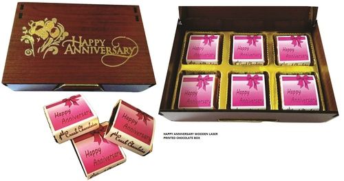 Happy Anniversary Flavored Chocolates Wooden Laser Printed Gift Box