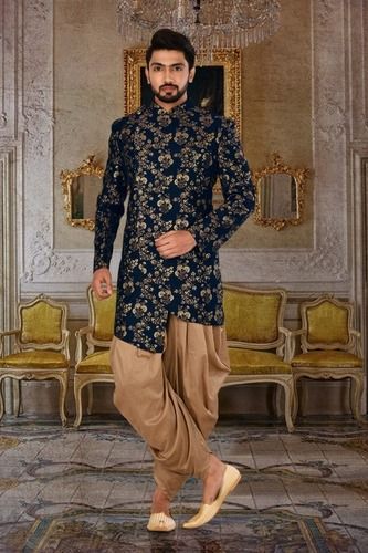 Cool Dry Blue Indo In Poly Jacquard Fabric Sherwani