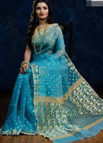 Blue Net Embroidered Jamdani Saree