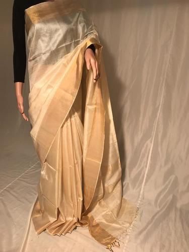 Pure Tussar Silk Powerloom Plain Saree With Golden Jari Border