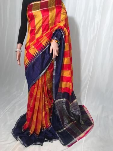 Multi Pure Dupion Raw Silk Saree Handloom Multicoloured Woven Body, Temple Border, Contrast Blouse