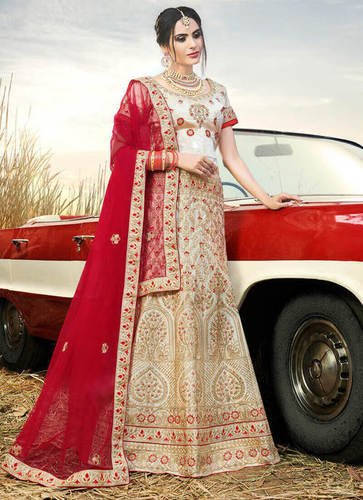 Beige Nylon And Satin Embroidered Lehenga Choli