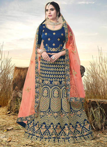 मॉडर्न ब्लू नायलॉन और साटन एम्ब्रॉयडरी किया हुआ लहंगा चोली