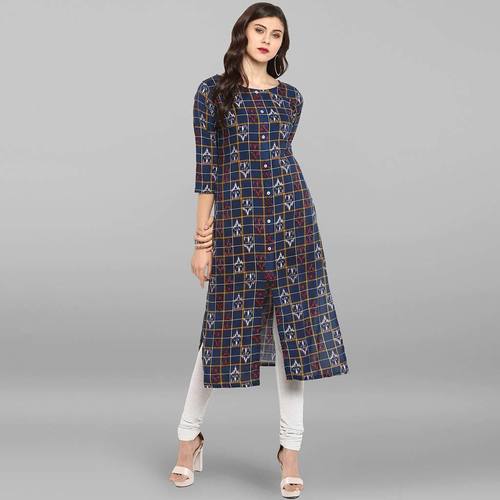 Blue Printed Rayon Straight Kurti (JNE3328)