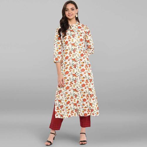 Cream Floral Print Cotton Straight Kurti (JNE3319)