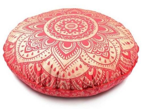 Indian Red And Golden Printed Cotton Round Pouf Cover Length: 32 Inch (In)