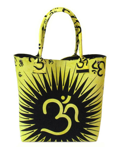 Cotton Fabric Lemon And Black Color Om Printed Mandala Women Handbag