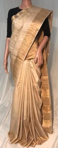 Beige Pure Desi Tussar Handloom Plain Saree With Golden (Gold Metal) Real Jari Border, Pallu