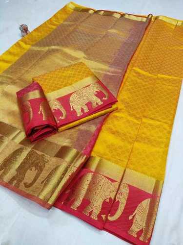 Yellow With Red Kanchipuram Silk Saree For Ladies