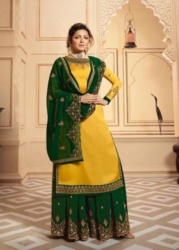 Yellow Lt Fabrics Nitya 142 Georgette Satin With Embroidery And Work Sharara Suit