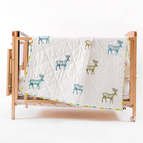 Beautiful White Cotton Deer Hand Block Printed Baby Quilt 60x90 for Kids