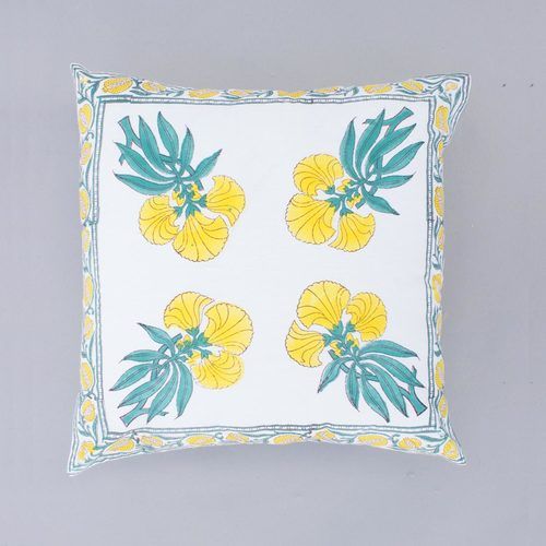 Yellow Floral Butta Hand Block Print Cushion Cover