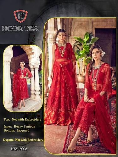 Cotton Ladies Red Color Semi Stitched Suit