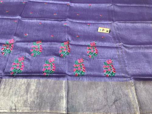 Saree Linen Silk All Over Machine Emb Sarees, Running Plain Blouse